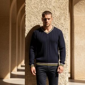 Classic V-Neck Navy Sweater with Yellow and white Trim